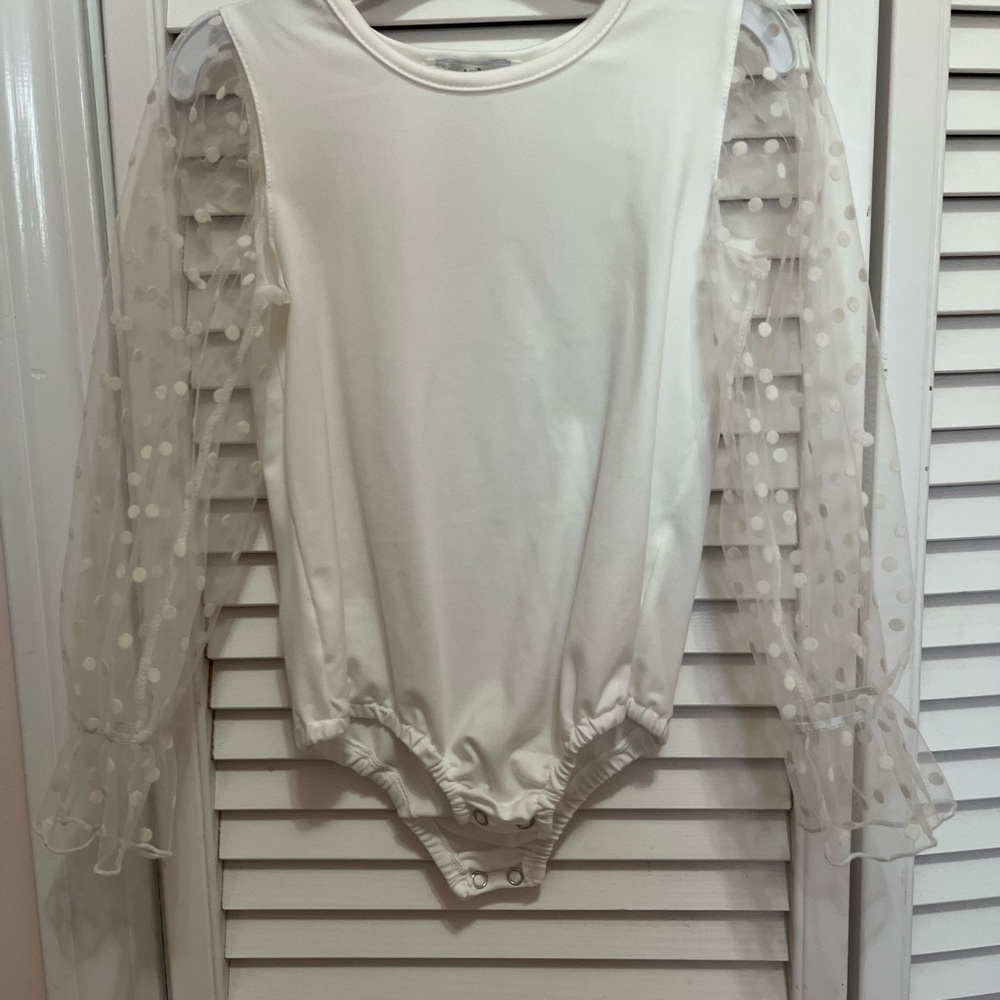 Chic White Bodysuit with Sheer Polka Dot Sleeves